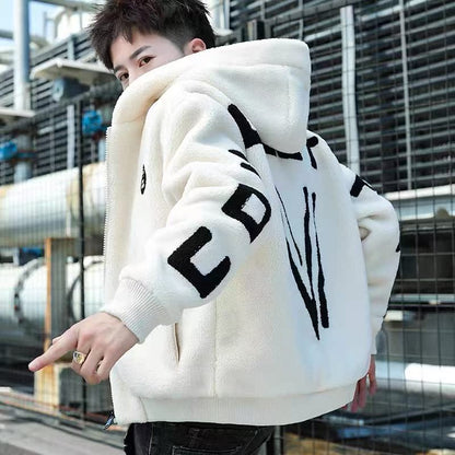 Lamb Wool Jacket Men's Hooded Thickened Winter Cotton Clothes Trendy Handsome Plush Cotton Jacket Autumn And Winter