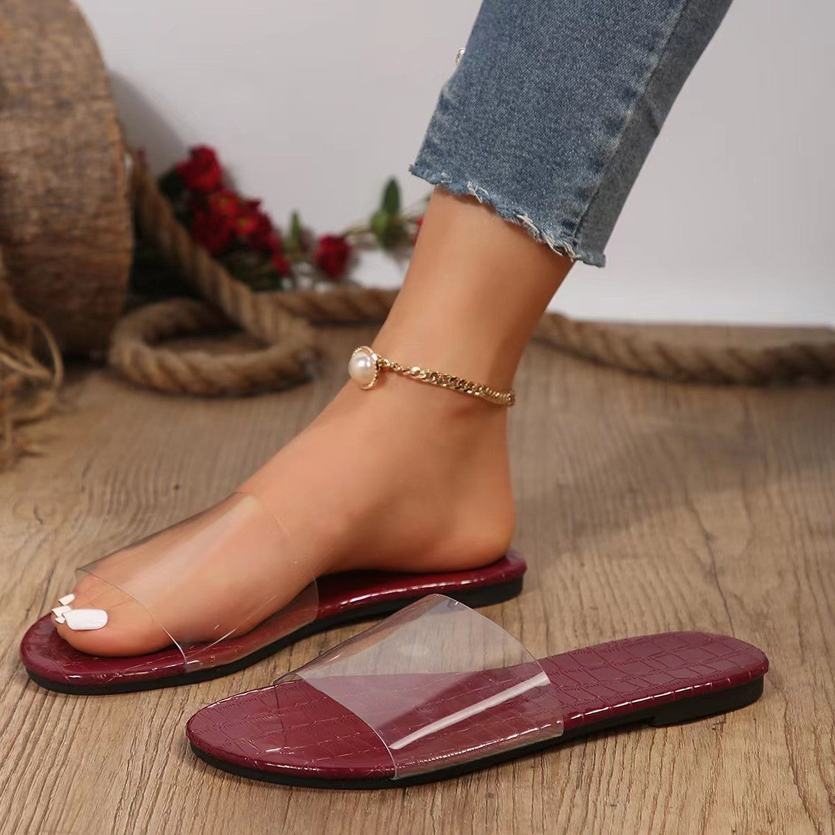 Foreign Trade Large Size Women's Shoes Summer New Simple PVC Sandals Women's Transparent Strap Slide Sandals